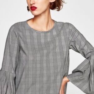 Zara Plaid Black and White Bell Sleeve Blouse